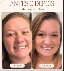 Antes e depois de extensão de cílios realizada por Gláucia